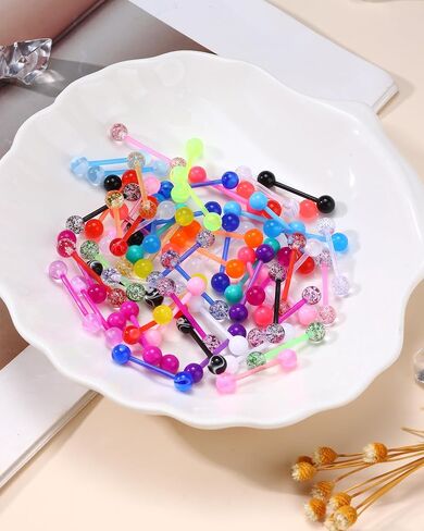 64Pcs 14G Glow in Dark Tongue Barbell Nipple Ring Retainer Flexible Acrylic Straight Tongue Rings Piercing Jewelry for Women Men 14mm Bar in Kuwait