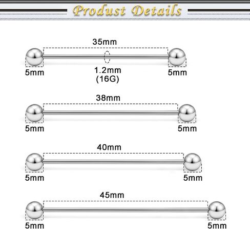 Industrial Piercing Jewelry Surgical Steel Industrial Bar Jewelry Extra Long Mix Sizes Straight Barbell for Women Men 16G 14G Bar Length 35mm/38mm/40mm/45mm in Kuwait
