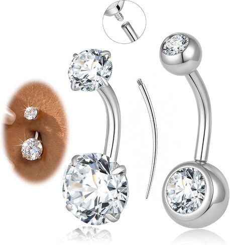 Belly Button Ring Gold Silver, 14G Navel Piercing Hypoallergenic Surgical Steel Belly Button Rings for Women Men Internally Threaded Small Navel Rings with CZ 8mm 10mm Short Navel Jewelry in Kuwait