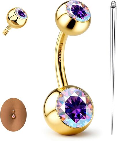 GEMQUEEN مويسانيتي وG23 تيتانيوم خاتم زر البطن 18 قيراط مطلي بالذهب هيبوالرجينيك مترابطة داخليًا حلقات البطن 14G الكرة السرة ثقب المجوهرات للنساء الرجال D اللون VVS1 وضوح القطع الرائعة in Kuwait