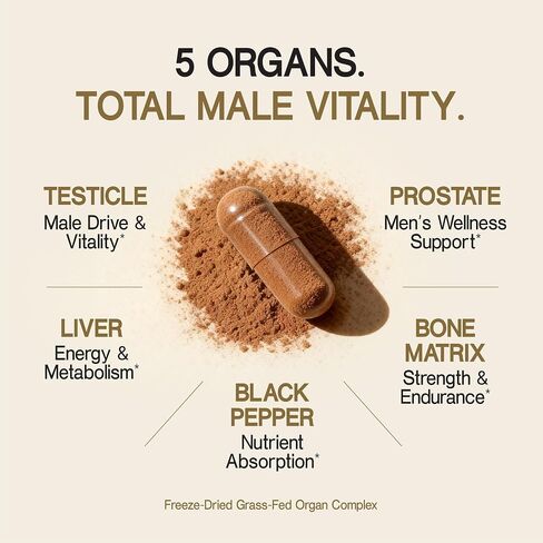 Beef Organ Supplement for Men 100% Grass Fed Beef Testicle, Prostate, Liver & Bone Matrix High Absorption with Black Pepper Non-GMO, Hormone Free, Made in USA 90 Capsules in Saudi Arabia