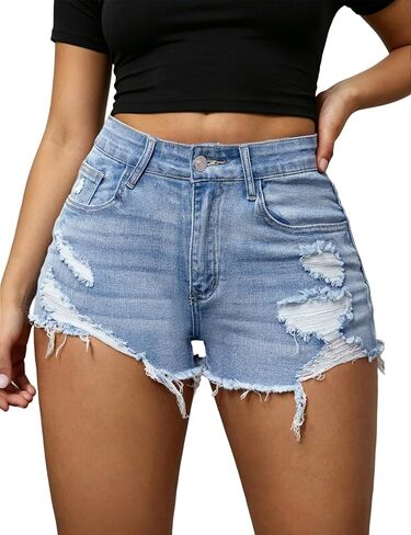 MapleHub Womens Shorts Jean Shorts Summer Ripped Distressed Skinny Denim Shorts in Saudi Arabia
