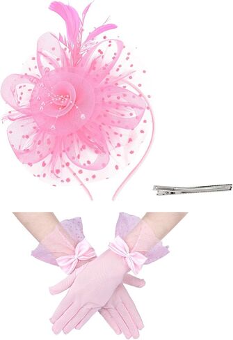 Fascinator Hat and Gloves Set Tea Party Accessories Weding Headwear for Girls and Women in Saudi Arabia