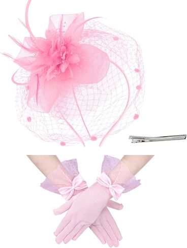Fascinator Hat and Gloves Set Tea Party Accessories Weding Headwear for Girls and Women in Saudi Arabia