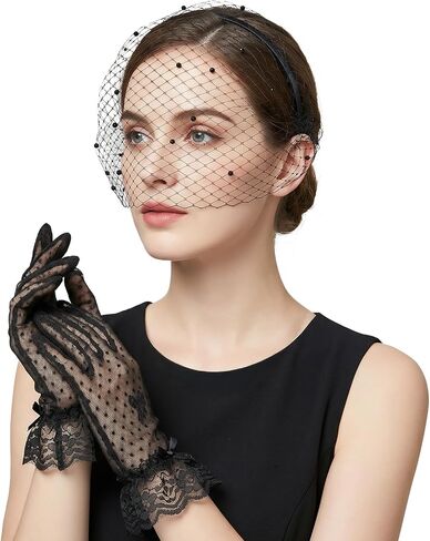 2 PCS Birdcage Veil with Black Lace Gloves, Black Mesh Veils for Women Fascinators Hats with Rhinestone for Women, Funeral Veil Headband for Woman Bridal Wedding Tea Party Funeral Church Costume in Saudi Arabia