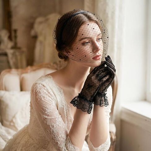 2 PCS Birdcage Veil with Black Lace Gloves, Black Mesh Veils for Women Fascinators Hats with Rhinestone for Women, Funeral Veil Headband for Woman Bridal Wedding Tea Party Funeral Church Costume in Saudi Arabia