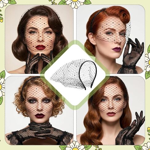 2 PCS Birdcage Veil with Black Lace Gloves, Black Mesh Veils for Women Fascinators Hats with Rhinestone for Women, Funeral Veil Headband for Woman Bridal Wedding Tea Party Funeral Church Costume in Saudi Arabia