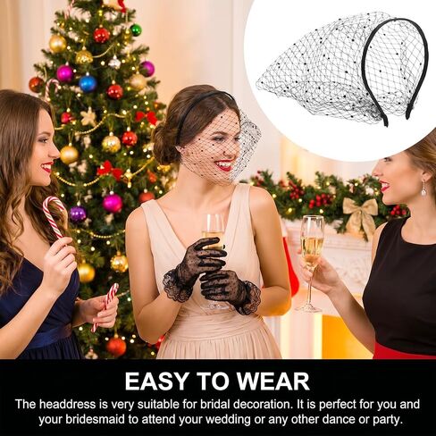 2 PCS Birdcage Veil with Black Lace Gloves, Black Mesh Veils for Women Fascinators Hats with Rhinestone for Women, Funeral Veil Headband for Woman Bridal Wedding Tea Party Funeral Church Costume in Saudi Arabia