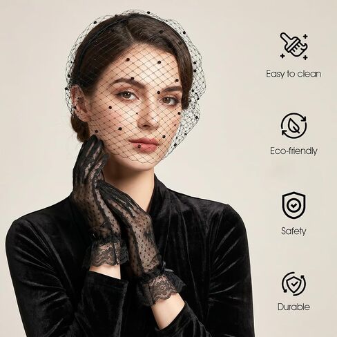 2 PCS Birdcage Veil with Black Lace Gloves, Black Mesh Veils for Women Fascinators Hats with Rhinestone for Women, Funeral Veil Headband for Woman Bridal Wedding Tea Party Funeral Church Costume in Saudi Arabia