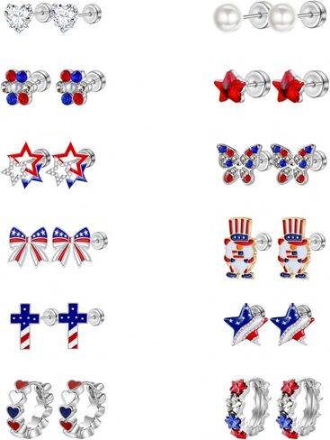 4th of July Patriotic Earrings for Women Girls kids - 12 Pairs American Flag Red White and Blue Flat Back Stud Earrings for Independence Day,4 Year Old+ in Kuwait