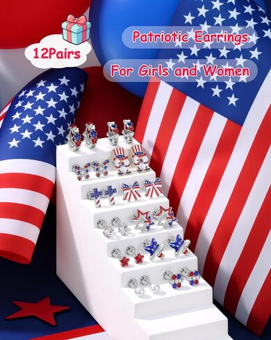 4th of July Patriotic Earrings for Women Girls kids - 12 Pairs American Flag Red White and Blue Flat Back Stud Earrings for Independence Day,4 Year Old+ in Kuwait
