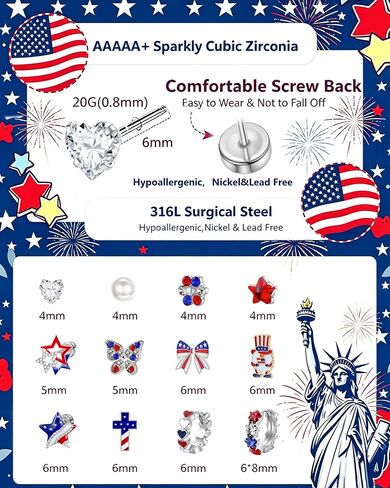 4th of July Patriotic Earrings for Women Girls kids - 12 Pairs American Flag Red White and Blue Flat Back Stud Earrings for Independence Day,4 Year Old+ in Kuwait
