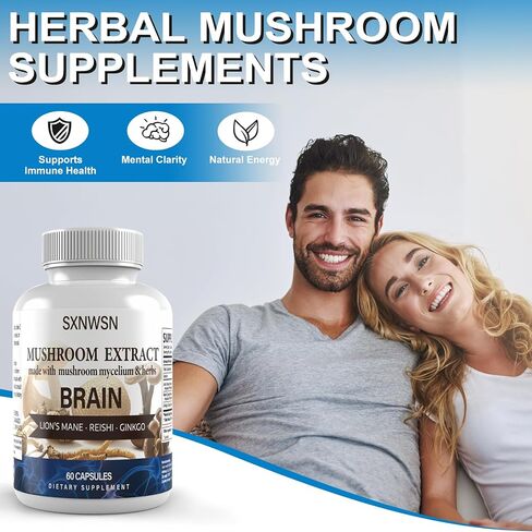 Cognitive Support, Mushroom Herbal Supplement with Lion's Mane, Reishi & Ginkgo - Plant-Based Energy and Clarity, 60 Vegan Capsules in Saudi Arabia