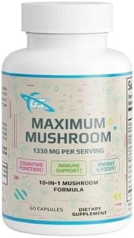 GALACTIC SUPPS الحد الأقصى للفطر - 10x مزيج الفطر (60 كبسولة) عرف الأسد، الريشي، كورديسيبس، تشاجا، مايتاكي، شيتاكي، ذيل الديك الرومي، الزر الأبيض، الفطر الأسود، والشمس الملكية. in Kuwait