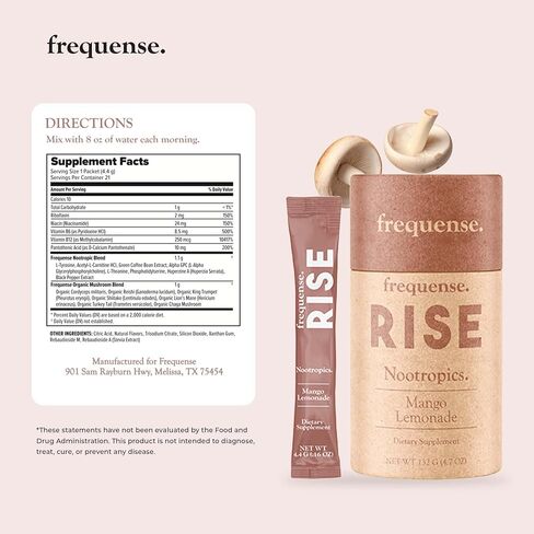 Frequense - Rise Nootropic Sticks - Mango Lemonade Flavor - Supports Brain Performance & Clarity - With Mushrooms, B Vitamins & Green Coffee - 132g in Saudi Arabia
