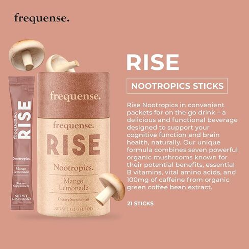 Frequense - Rise Nootropic Sticks - Mango Lemonade Flavor - Supports Brain Performance & Clarity - With Mushrooms, B Vitamins & Green Coffee - 132g in Saudi Arabia