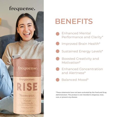 Frequense - Rise Nootropic Sticks - Mango Lemonade Flavor - Supports Brain Performance & Clarity - With Mushrooms, B Vitamins & Green Coffee - 132g in Saudi Arabia