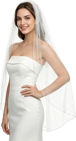 Bridal Veil Pearl Beaded Edge Wedding Veil with Comb for Bride 39 inch in Kuwait