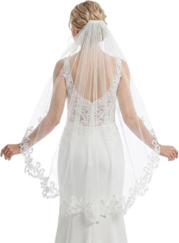 Ivory White Wedding Bridal Veil with Comb, 1 Tier Fingertip Length Floral Edge Bridal Veil, Lace Bride Wedding Veil for Bachelorette Party Bridal Shower Flower Girl in Kuwait