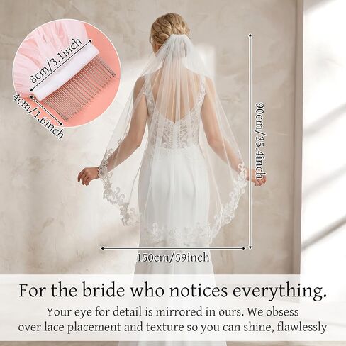 Ivory White Wedding Bridal Veil with Comb, 1 Tier Fingertip Length Floral Edge Bridal Veil, Lace Bride Wedding Veil for Bachelorette Party Bridal Shower Flower Girl in Kuwait