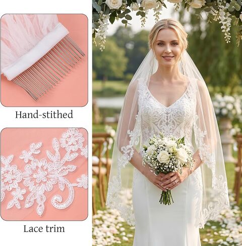 Ivory White Wedding Bridal Veil with Comb, 1 Tier Fingertip Length Floral Edge Bridal Veil, Lace Bride Wedding Veil for Bachelorette Party Bridal Shower Flower Girl in Kuwait