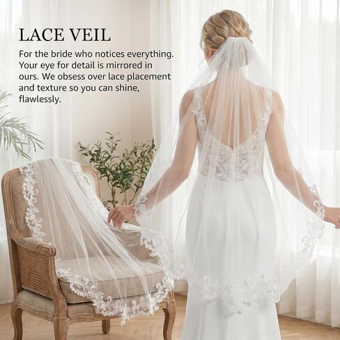 Ivory White Wedding Bridal Veil with Comb, 1 Tier Fingertip Length Floral Edge Bridal Veil, Lace Bride Wedding Veil for Bachelorette Party Bridal Shower Flower Girl in Kuwait