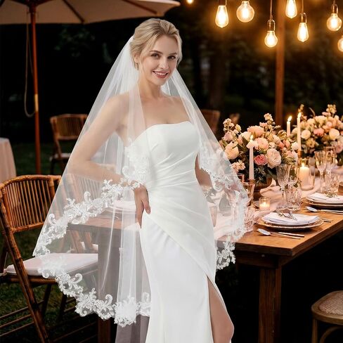 Ivory White Wedding Bridal Veil with Comb, 1 Tier Fingertip Length Floral Edge Bridal Veil, Lace Bride Wedding Veil for Bachelorette Party Bridal Shower Flower Girl in Kuwait
