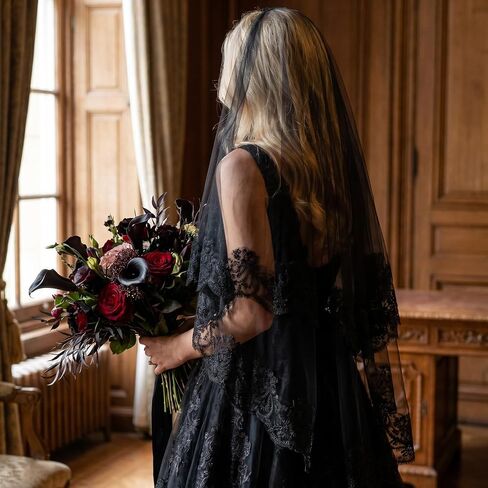 Bremorou Black Lace Wedding Veil Elegant Gothic Bridal Veil With Lace Edge, 1 Tier Fingertip Length, Perfect For Brides Women Weddings And Special Occasions in Kuwait