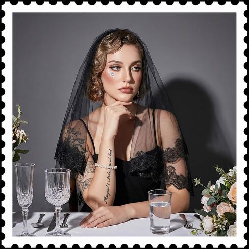 Bremorou Black Lace Wedding Veil Elegant Gothic Bridal Veil With Lace Edge, 1 Tier Fingertip Length, Perfect For Brides Women Weddings And Special Occasions in Kuwait