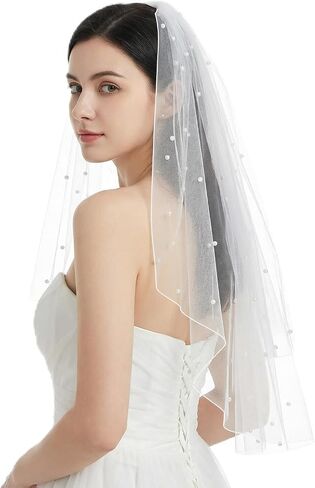 Short Wedding Pearl Veil for Brides, White Bridal Veil with Comb, Single-layer Design Perfect for Courthouse Wedding Dresses and Bride Accessories in Saudi Arabia