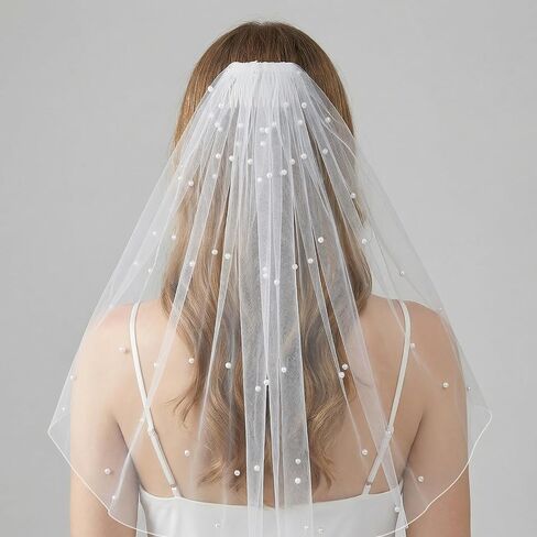 Short Wedding Pearl Veil for Brides, White Bridal Veil with Comb, Single-layer Design Perfect for Courthouse Wedding Dresses and Bride Accessories in Saudi Arabia