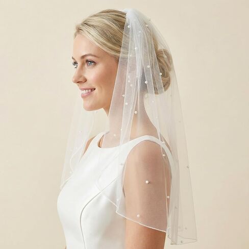 Short Wedding Pearl Veil for Brides, White Bridal Veil with Comb, Single-layer Design Perfect for Courthouse Wedding Dresses and Bride Accessories in Saudi Arabia