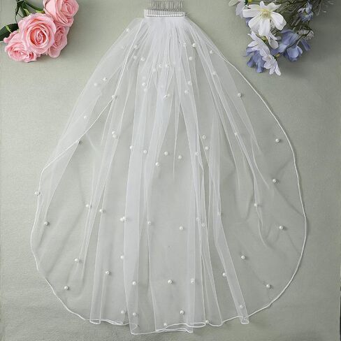 Short Wedding Pearl Veil for Brides, White Bridal Veil with Comb, Single-layer Design Perfect for Courthouse Wedding Dresses and Bride Accessories in Saudi Arabia