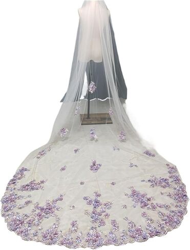 Unique Lilac Purple 3D Floral Bridal Veil with Pearls and Edge, Long Cathedral Wedding Veil with Comb Girls in Kuwait