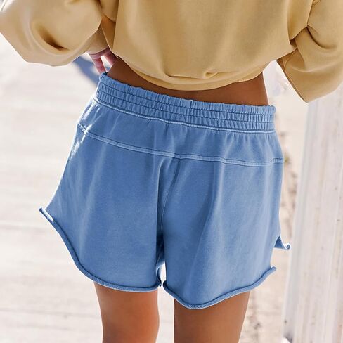 Songling Women's Sweat Shorts Casual Summer Athletic Raw Edge Running Elastic Waist Wash French Terry Shorts with Pockets(Blue,L) in Saudi Arabia