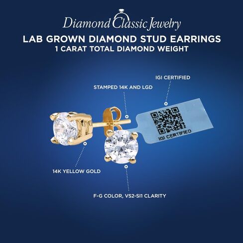 IGI Certified Lab Grown Diamond Stud Earrings 0.50 to 3 CTTW 14K Yellow or White Gold (F-G Color, VS2-SI1 Clarity) in Kuwait