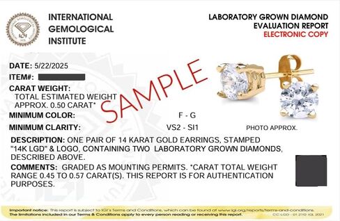 IGI Certified Lab Grown Diamond Stud Earrings 0.50 to 3 CTTW 14K Yellow or White Gold (F-G Color, VS2-SI1 Clarity) in Kuwait