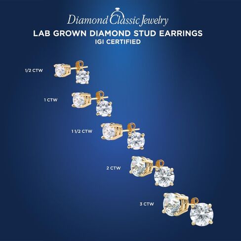 IGI Certified Lab Grown Diamond Stud Earrings 0.50 to 3 CTTW 14K Yellow or White Gold (F-G Color, VS2-SI1 Clarity) in Kuwait