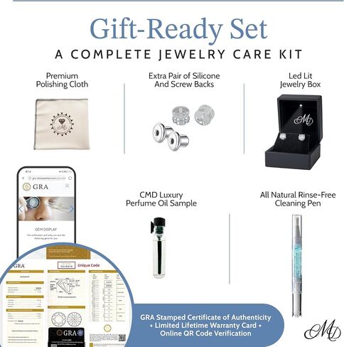 CMD Moissanite Stud Earrings, No-Poke Screw-Back Design, 18K White Gold-Vermeil, Hypoallergenic, Lab-Grown D Color VVS1 Brilliant Round Cut, GRA Certified & Inscribed, Gift Set in Saudi Arabia