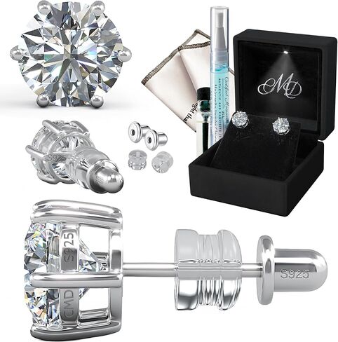 CMD Moissanite Stud Earrings, No-Poke Screw-Back Design, 18K White Gold-Vermeil, Hypoallergenic, Lab-Grown D Color VVS1 Brilliant Round Cut, GRA Certified & Inscribed, Gift Set in Saudi Arabia