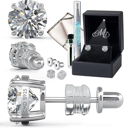 CMD Moissanite Stud Earrings, No-Poke Screw-Back Design, 18K White Gold-Vermeil, Hypoallergenic, Lab-Grown D Color VVS1 Brilliant Round Cut, GRA Certified & Inscribed, Gift Set in Saudi Arabia