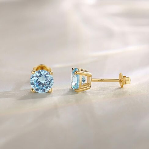 FANCIME Aquamarine Round Stud Earrings 14k Solid Yellow Gold Prong Cluster Stud Earrings March Birthstone Fine Jewelry Gifts for Her Mom Women Wife in Kuwait