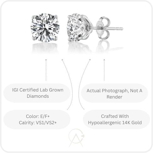 1/2 to 4 Carat Lab Grown Diamond Round Stud Earrings for Women in 14K Gold (D-E-F/G-H, VS1-VS2, 0.50 to 4.00 cttw) 4-Prong Brilliant Cut Diamond Push Back or Screw Back Studs in Saudi Arabia