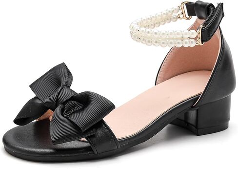 DADAWEN Girls Dress Shoes Sandals Chunky Low Heels Bow Pearl Ankle Strap Open Toe Flower Girl Wedding Party Shoes for Toddler Little Big Kid in Kuwait