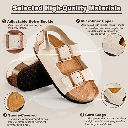 Shoquis Toddler Kids arch support Cork Footbed Sandals for Boys Girls with 3 Adjustable Hook & Loop Straps，Casual Summer Outdoor Non-slip Sandals for Growing Feet(Size Toddler 8 - Big Kid 5) in Saudi Arabia