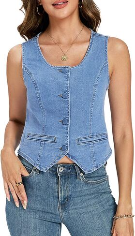 LifeShe Women Crop Denim Vest Button Down Square Neck Sleeveless Jean Top Waistcoat in Kuwait