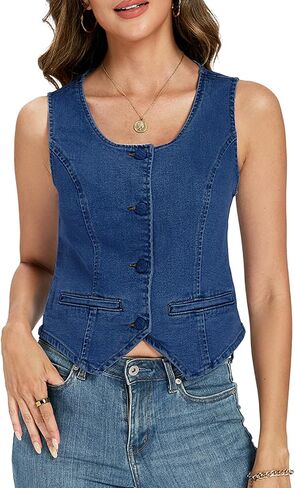 LifeShe Women Crop Denim Vest Button Down Square Neck Sleeveless Jean Top Waistcoat in Kuwait