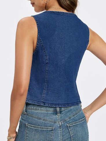 LifeShe Women Crop Denim Vest Button Down Square Neck Sleeveless Jean Top Waistcoat in Kuwait