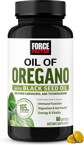 Force Factor Oil of Oregano with Black Seed Oil, Traditionally Used to Support Immune Function, Digestion & Gut Health, Energy & Vitality, Delivers Carvacrol & Thymoquinone, 60 Softgels in Kuwait