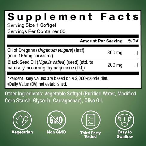 Force Factor Oil of Oregano with Black Seed Oil, Traditionally Used to Support Immune Function, Digestion & Gut Health, Energy & Vitality, Delivers Carvacrol & Thymoquinone, 60 Softgels in Kuwait